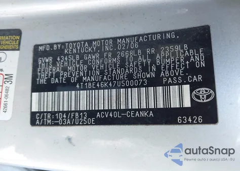 2007 Toyota Camry Le from USA, damaged, VIN 4T1BE46K47U500073